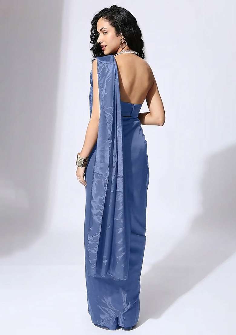 Deep Blue Hand Work Embellished Silk Blend Pre Draped Saree Set - Indya