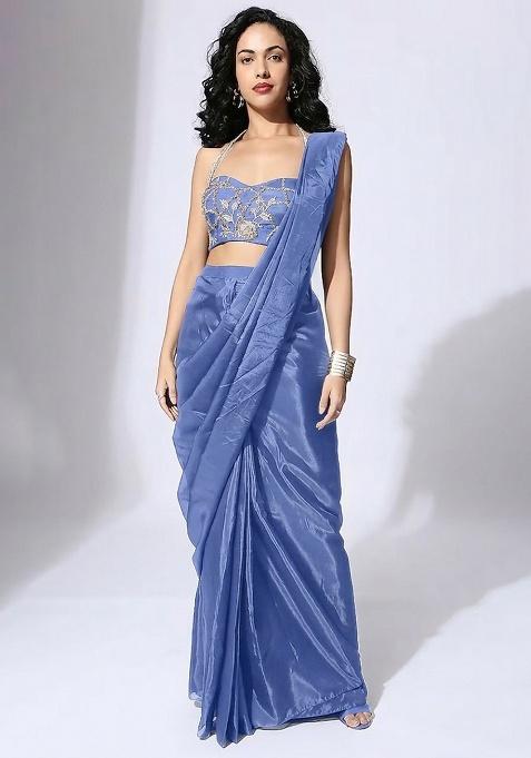 Deep Blue Hand Work Embellished Silk Pre Draped Saree Set