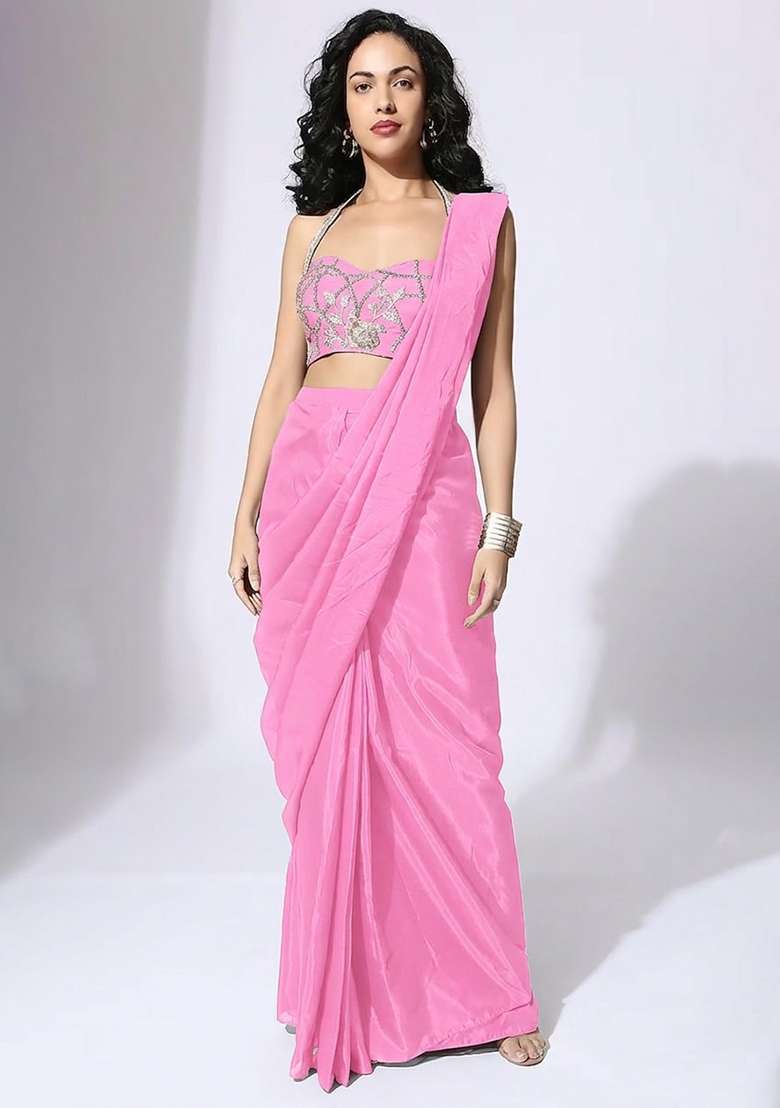Baby Pink Hand Work Embellished Silk Blend Pre Draped Saree Set - Indya