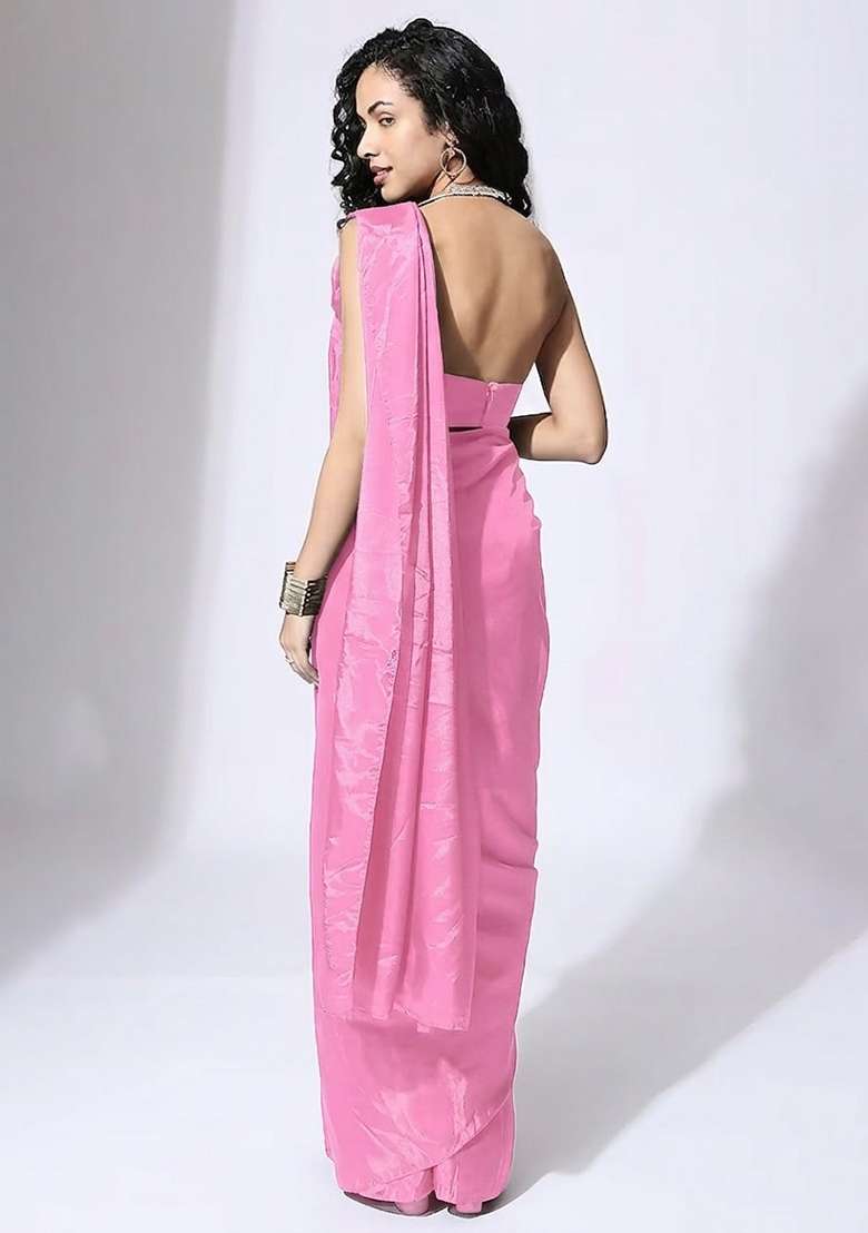 Baby Pink Hand Work Embellished Silk Blend Pre Draped Saree Set - Indya