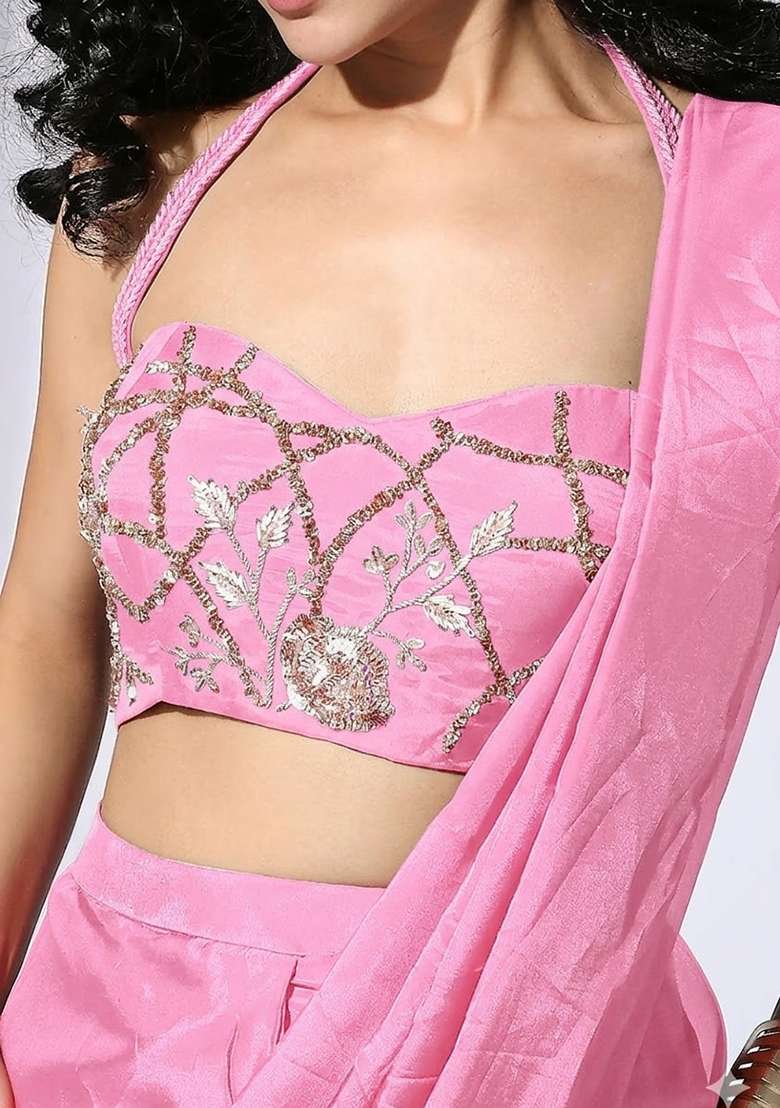 Baby Pink Hand Work Embellished Silk Blend Pre Draped Saree Set - Indya