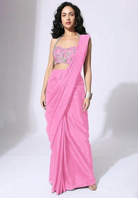 Baby Pink Hand Work Embellished Silk Pre Draped Saree Set