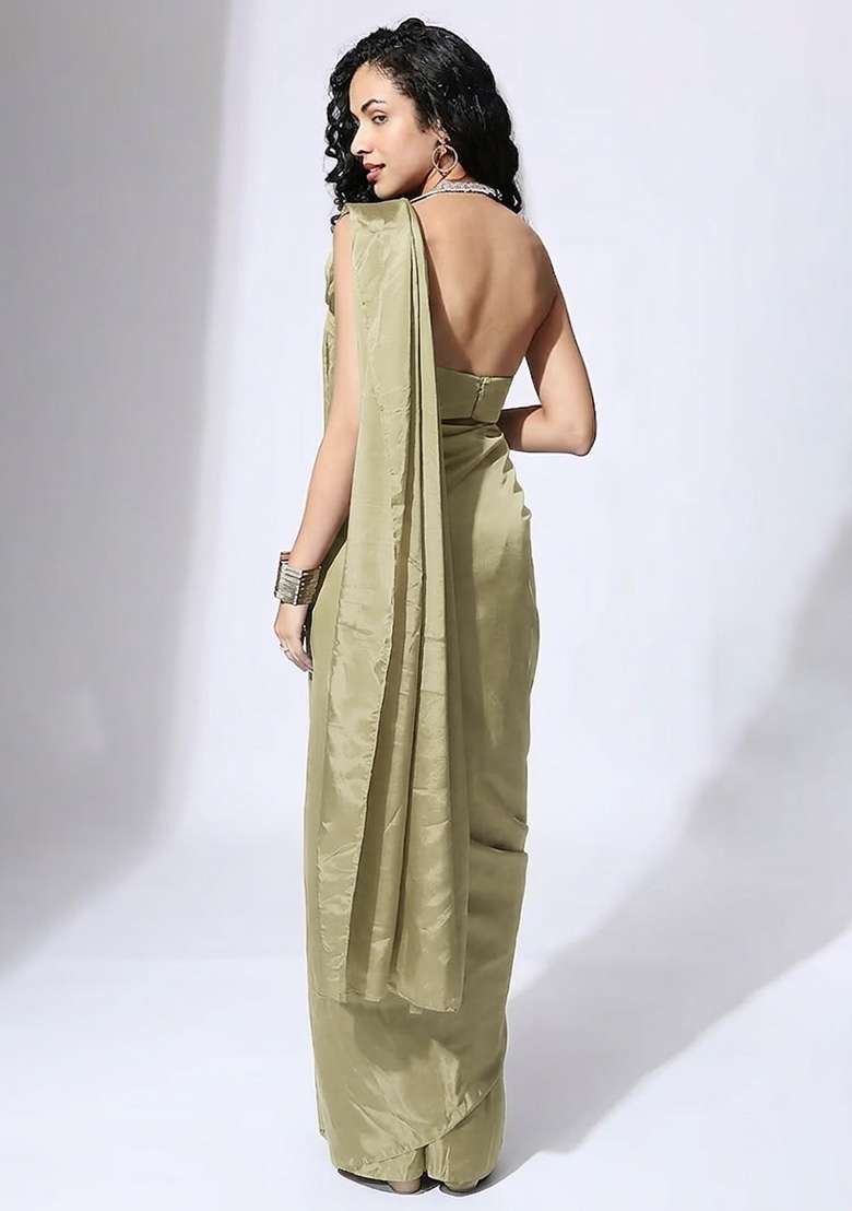 Green Hand Work Embellished Silk Blend Pre Draped Saree Set - Indya