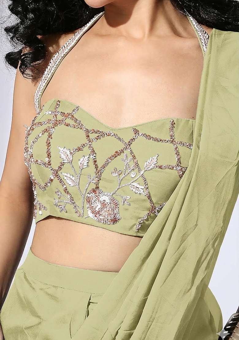 Green Hand Work Embellished Silk Blend Pre Draped Saree Set - Indya