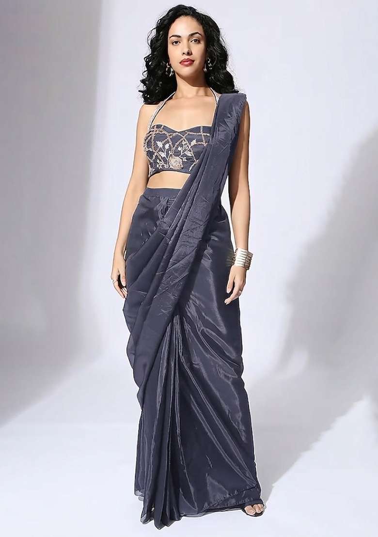 Grey Blue Hand Work Embellished Silk Blend Pre Draped Saree Set - Indya