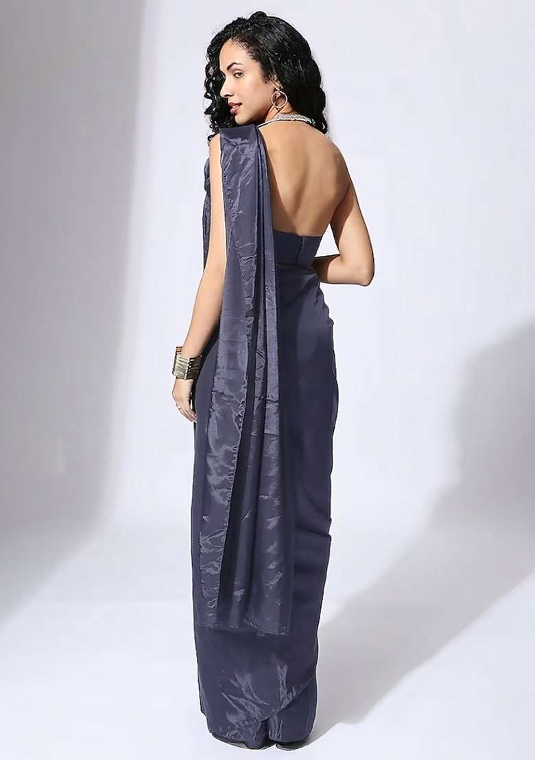 Grey Blue Hand Work Embellished Silk Blend Pre Draped Saree Set - Indya