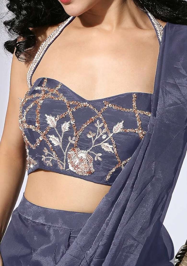 Grey Blue Hand Work Embellished Silk Blend Pre Draped Saree Set - Indya