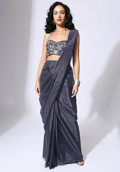 Grey Blue Hand Work Embellished Silk Pre Draped Saree Set