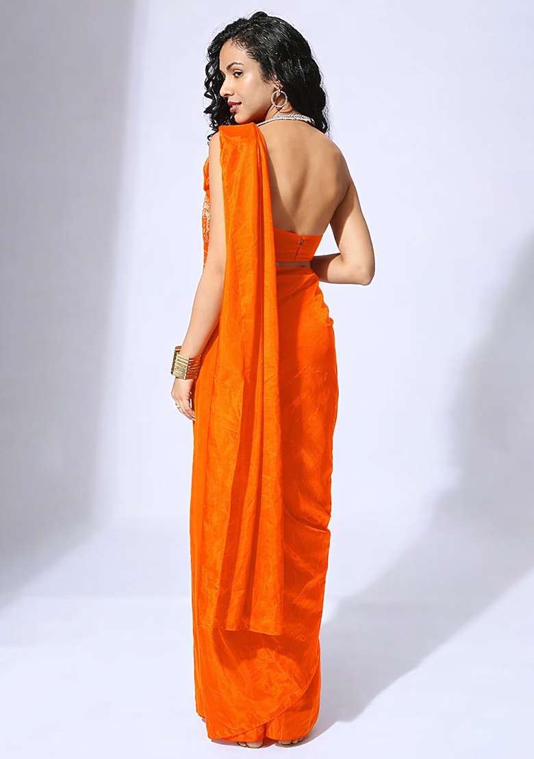 Soft Orange Hand Work Embellished Silk Blend Pre Draped Saree Set - Indya