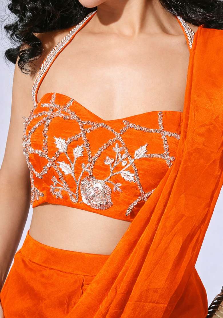 Soft Orange Hand Work Embellished Silk Blend Pre Draped Saree Set - Indya