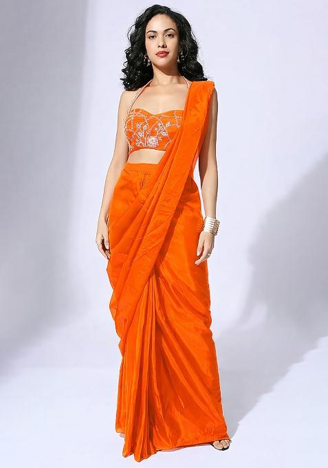 Soft Orange Hand Work Embellished Silk Pre Draped Saree Set