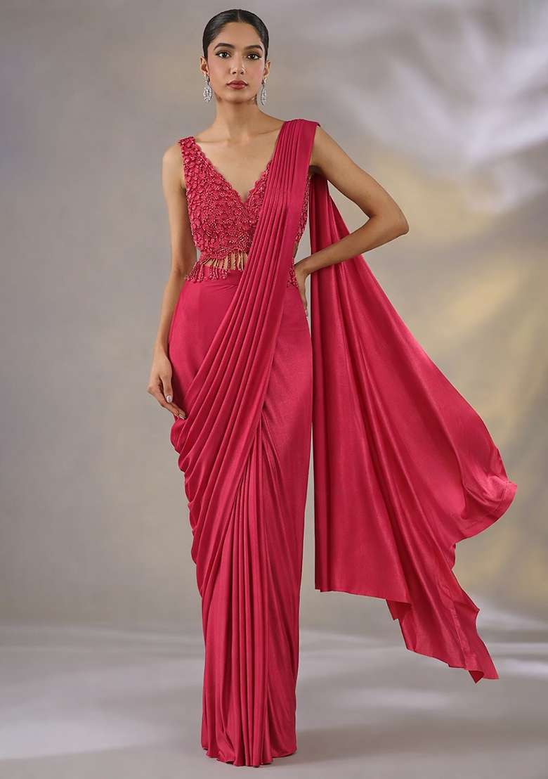 Deep Red Hand Work Embellished Satin Pre Draped Saree Set - Indya