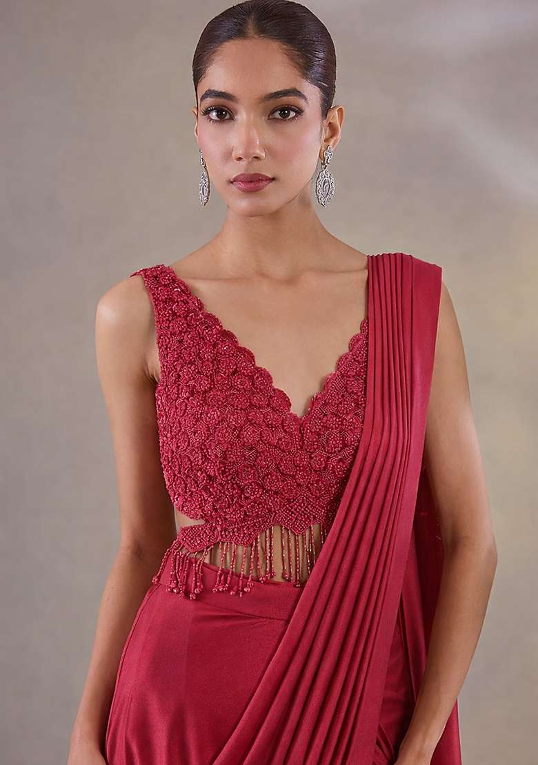 Deep Red Hand Work Embellished Satin Pre Draped Saree Set - Indya