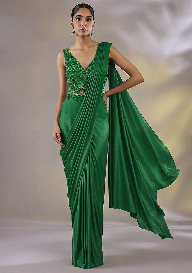 Light Green Hand Work Embellished Satin Pre Draped Saree Set - Indya
