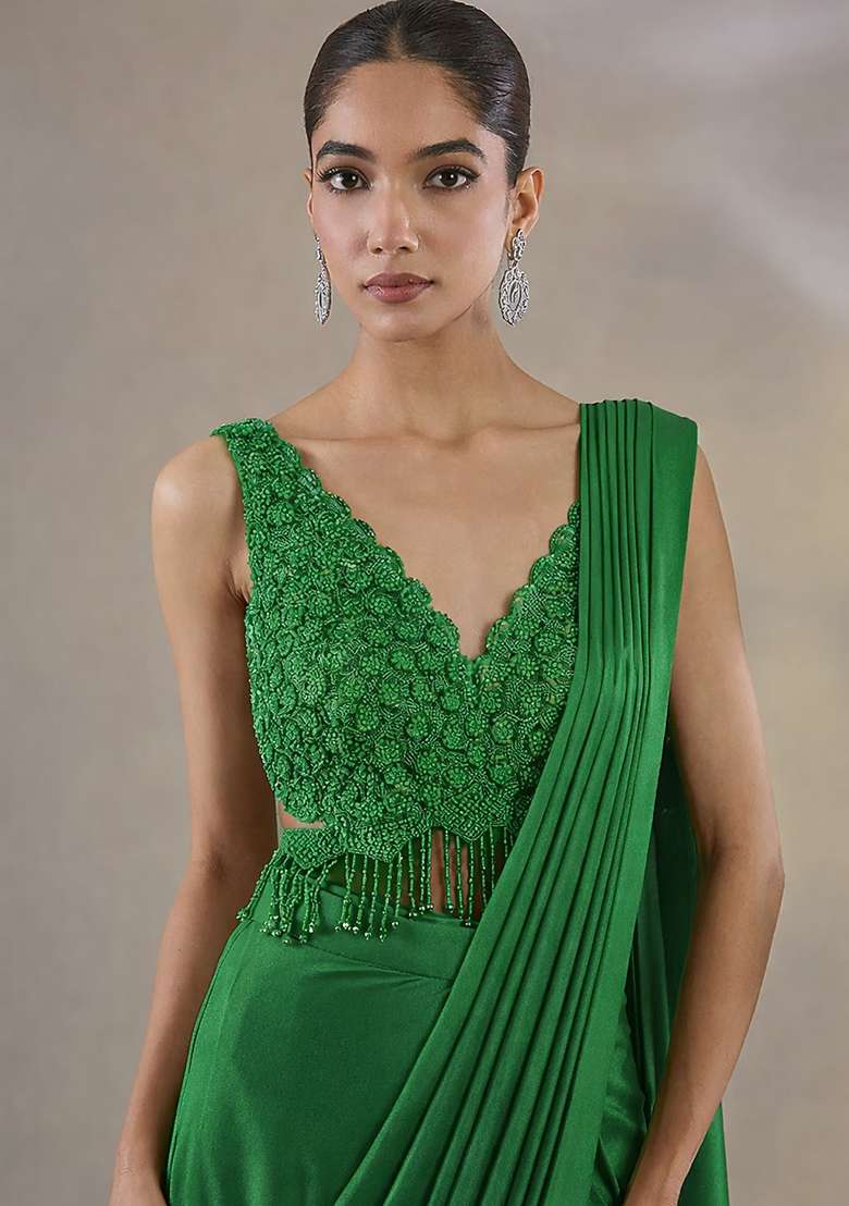 Light Green Hand Work Embellished Satin Pre Draped Saree Set - Indya