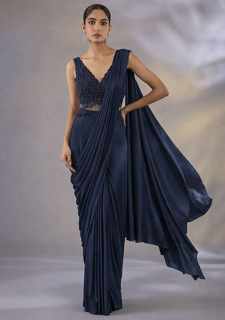 Charcoal Grey Hand Work Embellished Satin Pre Draped Saree Set - Indya