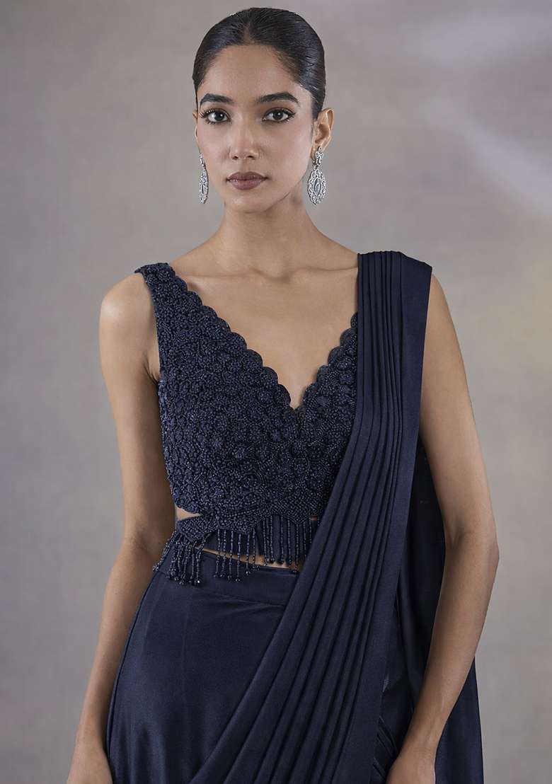 Charcoal Grey Hand Work Embellished Satin Pre Draped Saree Set - Indya