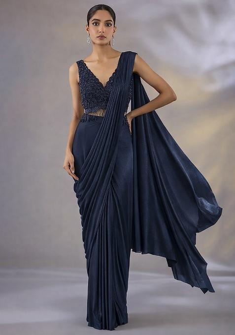 Charcoal Grey Hand Work Embellished Satin Pre Draped Saree Set