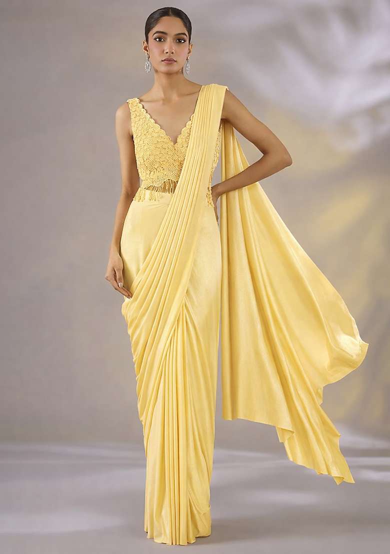 Light Yellow Hand Work Embellished Satin Pre Draped Saree Set - Indya