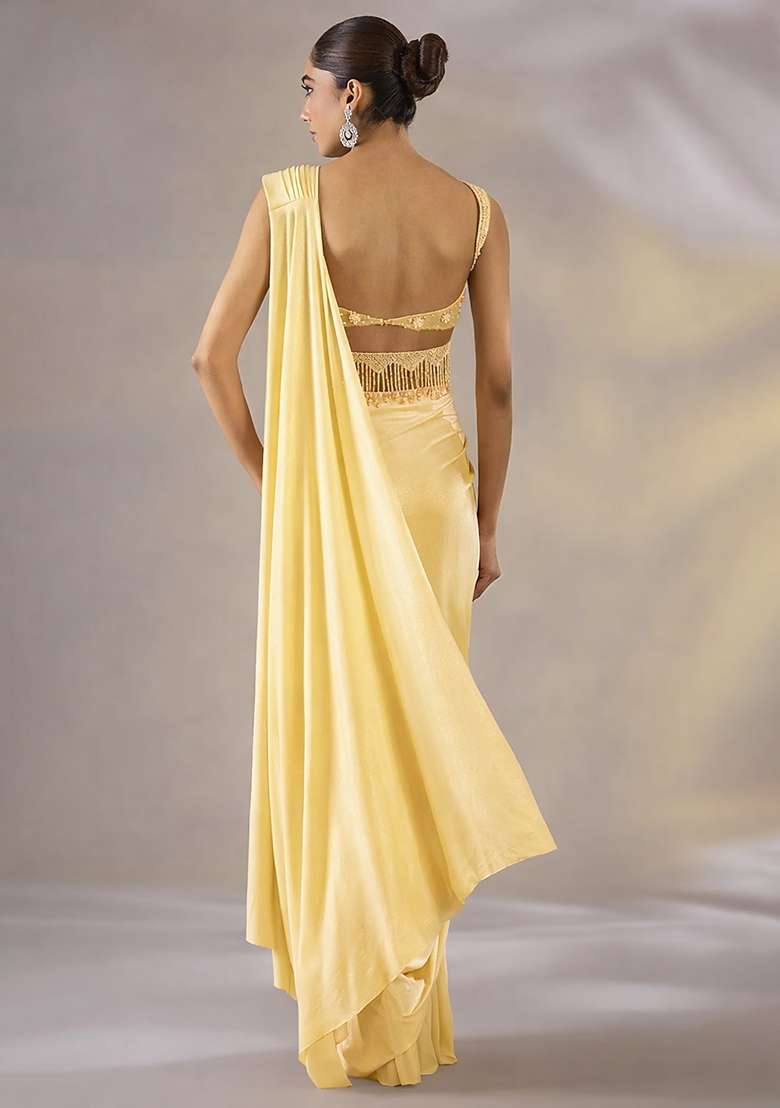 Light Yellow Hand Work Embellished Satin Pre Draped Saree Set - Indya