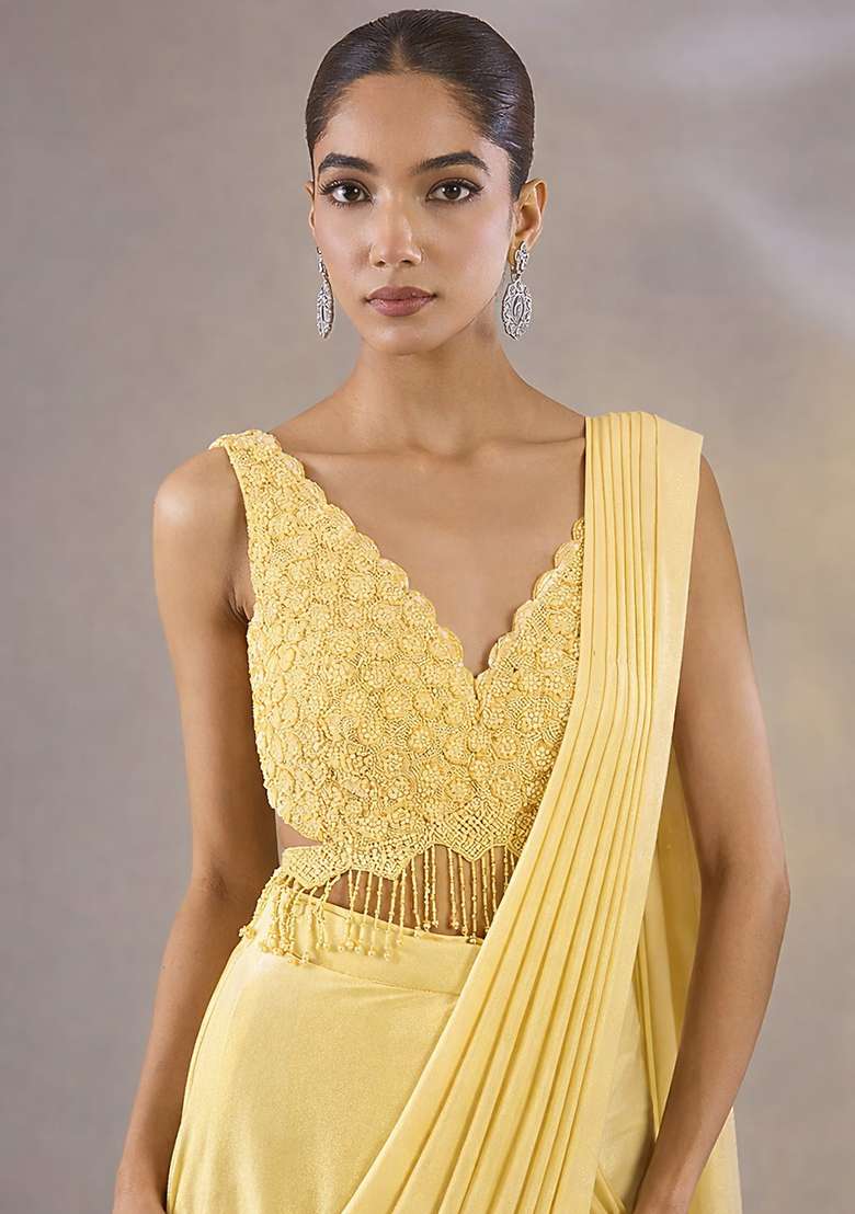 Light Yellow Hand Work Embellished Satin Pre Draped Saree Set - Indya