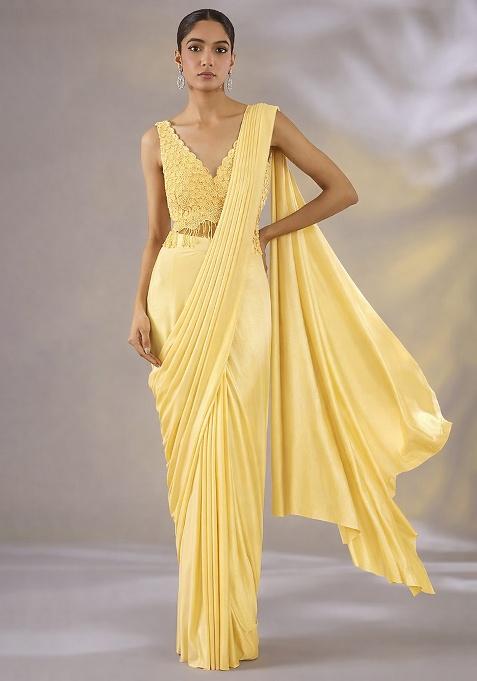 Light Yellow Hand Work Embellished Satin Pre Draped Saree Set