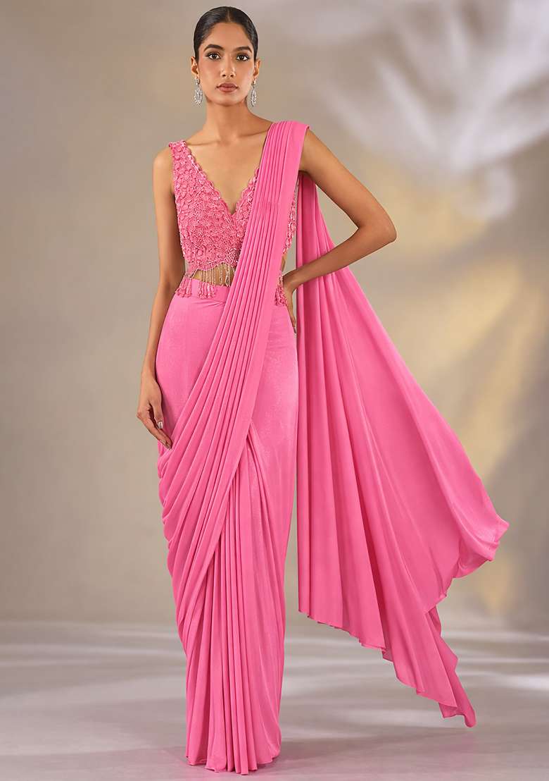 Soft Pink Hand Work Embellished Satin Pre Draped Saree Set - Indya