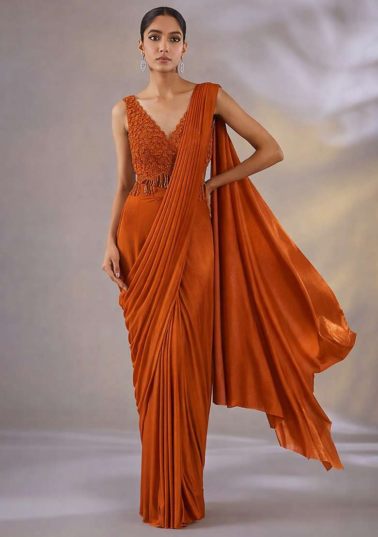 Brown Hand Work Embellished Satin Pre Draped Saree Set - Indya