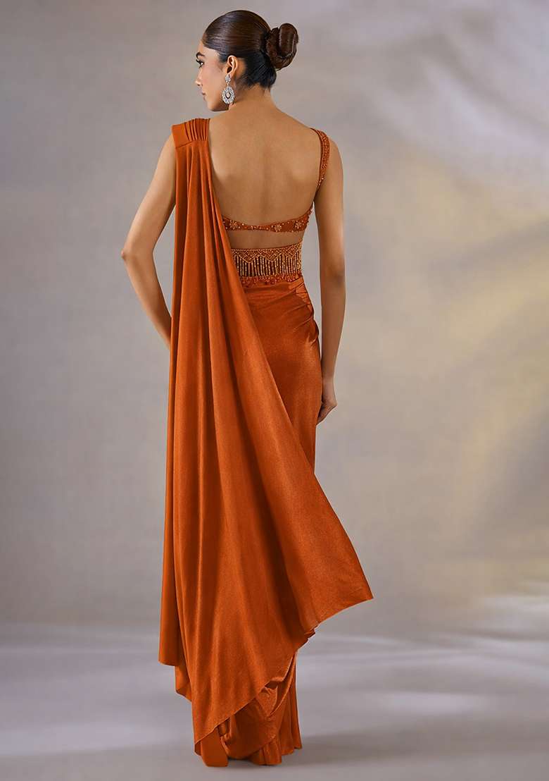 Brown Hand Work Embellished Satin Pre Draped Saree Set - Indya