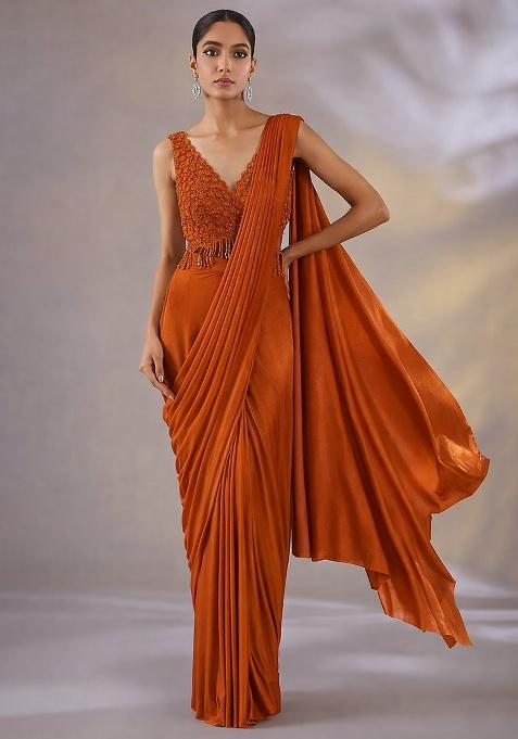 Brown Hand Work Embellished Satin Pre Draped Saree Set — view on Indya