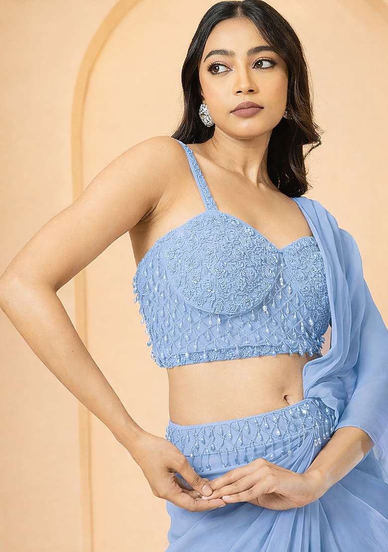 Light Blue Hand Work Embellished Georgette Pre Draped Saree Set - Indya