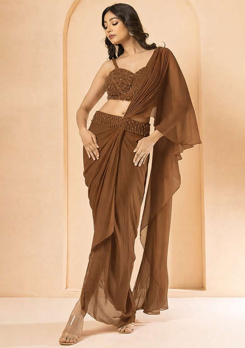 Brown Hand Work Embellished Georgette Pre Draped Saree Set - Indya
