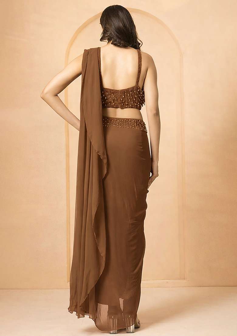 Brown Hand Work Embellished Georgette Pre Draped Saree Set - Indya