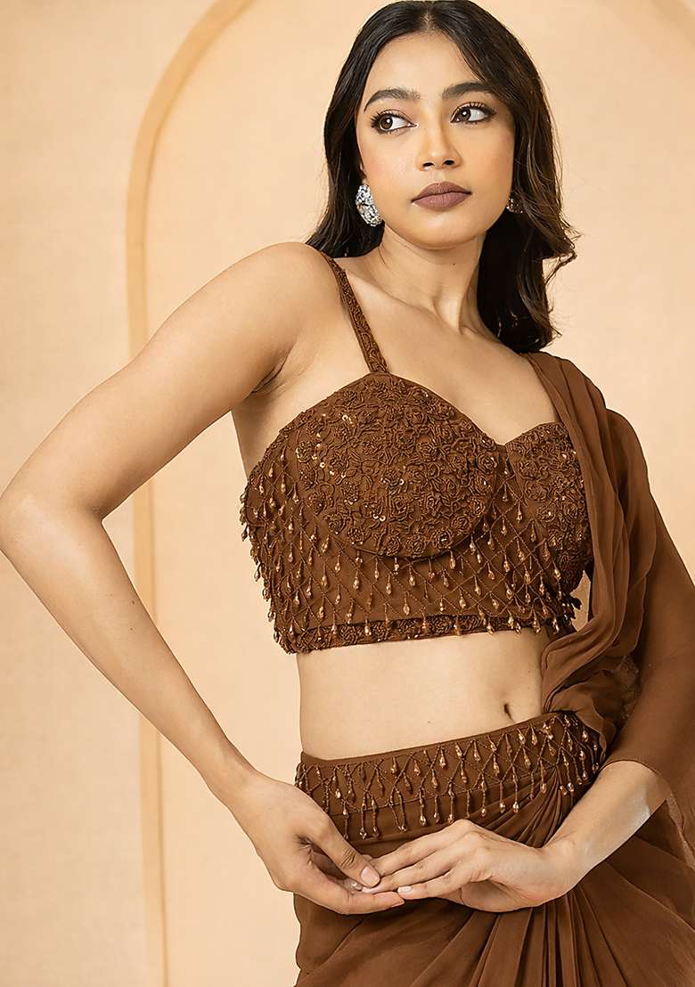 Brown Hand Work Embellished Georgette Pre Draped Saree Set - Indya