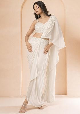 White Hand Work Embellished Georgette Pre Draped Saree Set