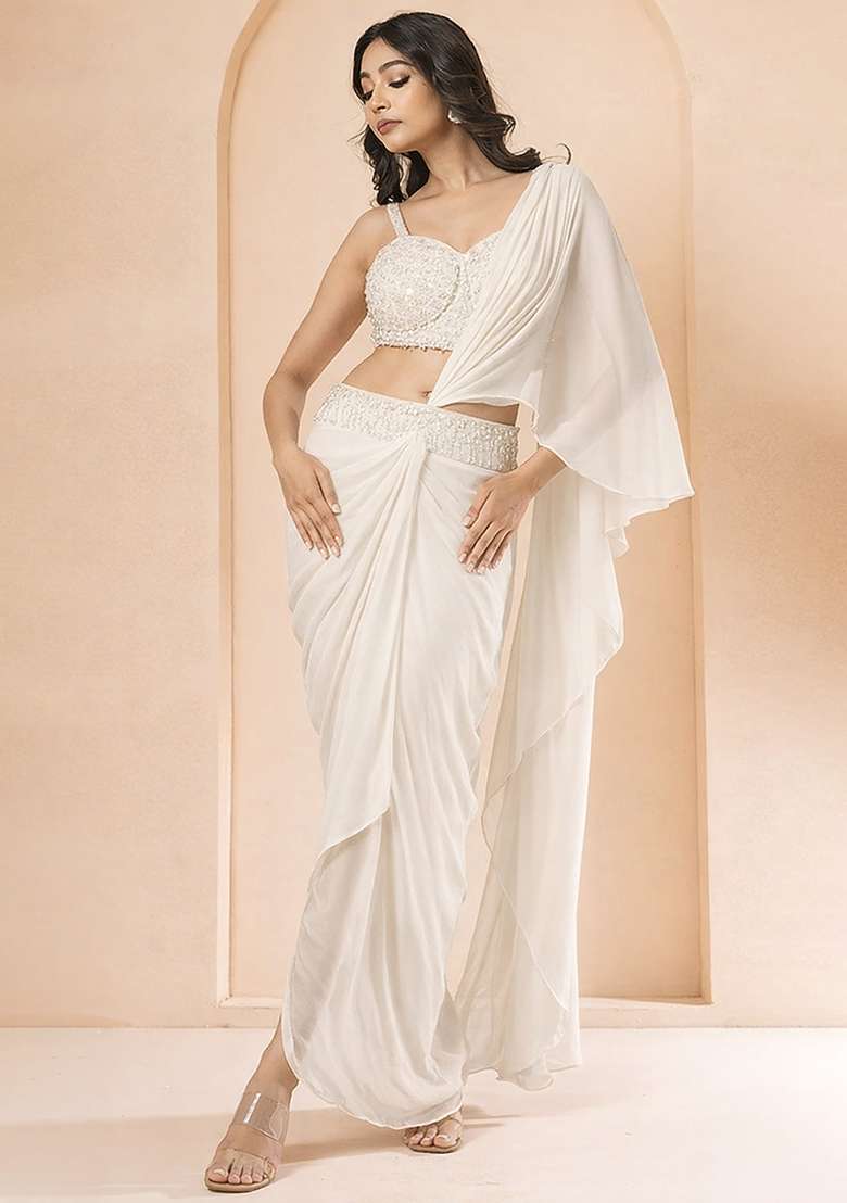 White Hand Work Embellished Georgette Pre Draped Saree Set - Indya