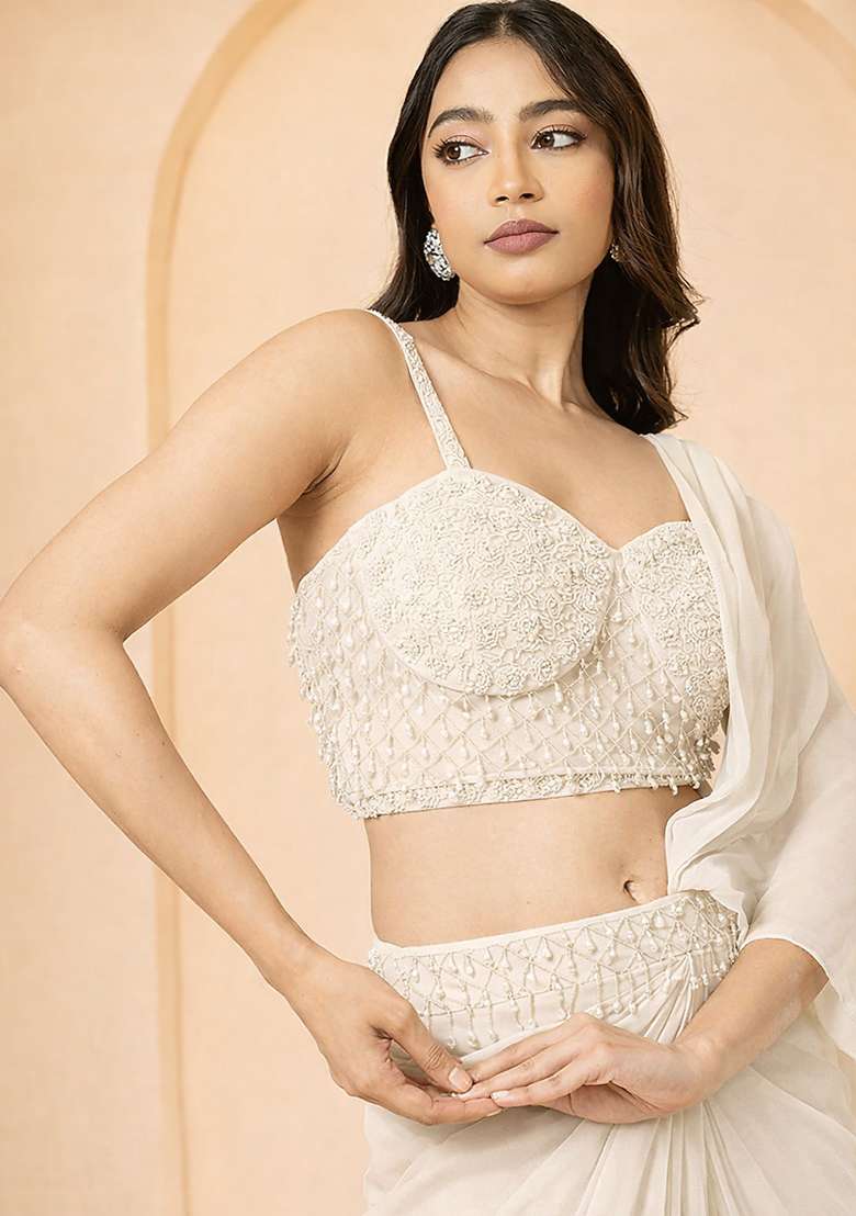 White Hand Work Embellished Georgette Pre Draped Saree Set - Indya