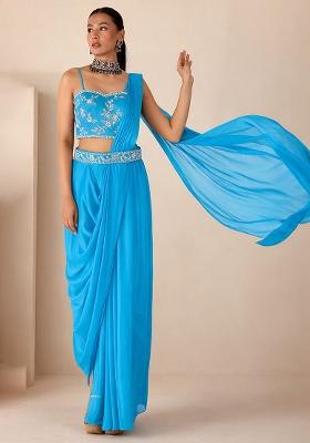 Deep Blue Hand Work Embellished Georgette Pre Draped Saree Set