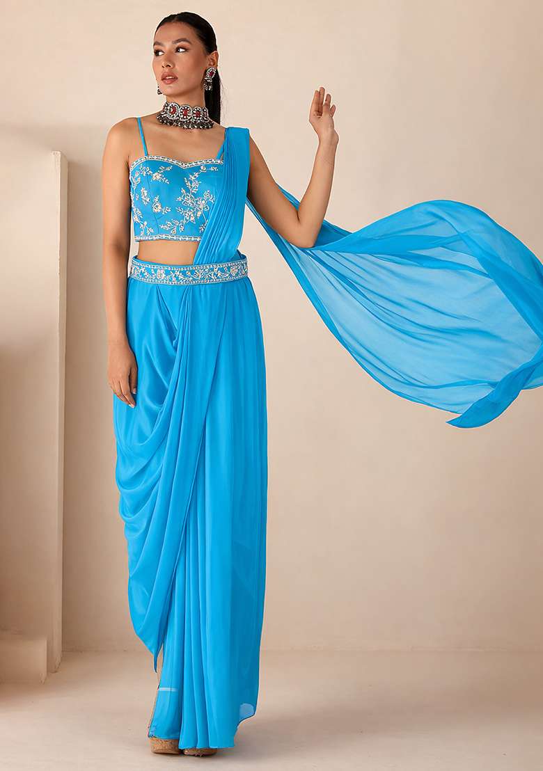 Deep Blue Hand Work Embellished Georgette Pre Draped Saree Set - Indya