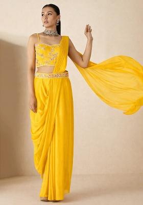 Bright Yellow Hand Work Embellished Georgette Pre Draped Saree Set