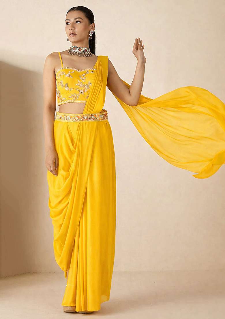 Bright Yellow Hand Work Embellished Georgette Pre Draped Saree Set - Indya