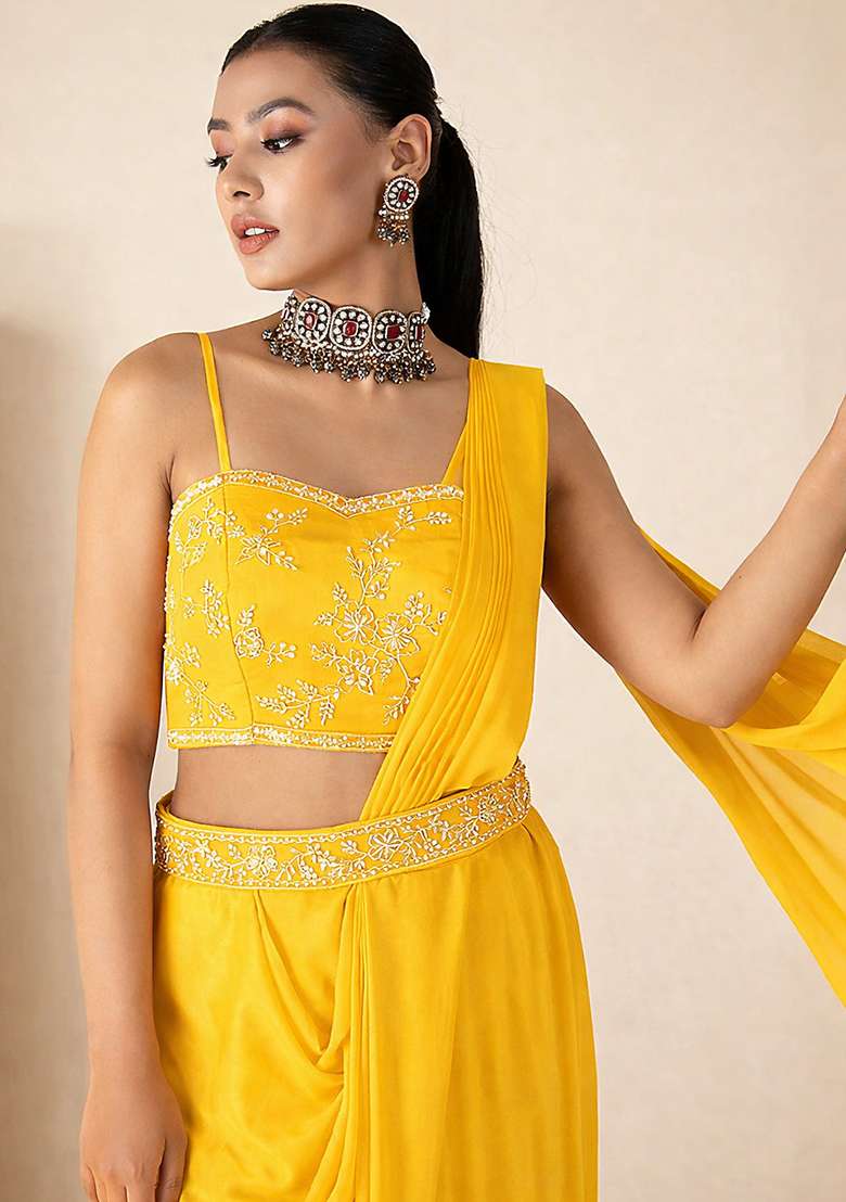 Bright Yellow Hand Work Embellished Georgette Pre Draped Saree Set - Indya