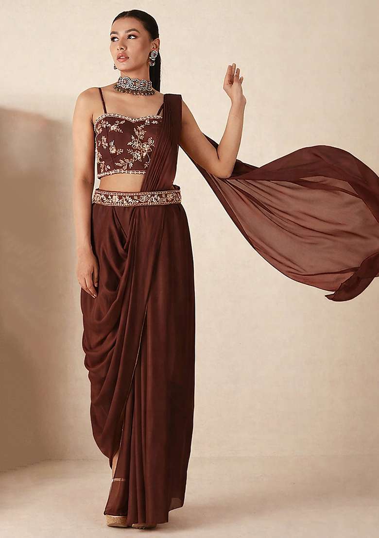 Chocolate Brown Hand Work Embellished Georgette Pre Draped Saree Set - Indya