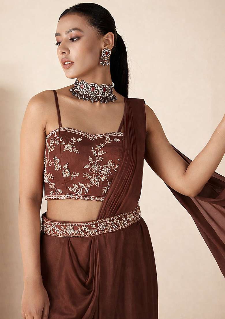 Chocolate Brown Hand Work Embellished Georgette Pre Draped Saree Set - Indya