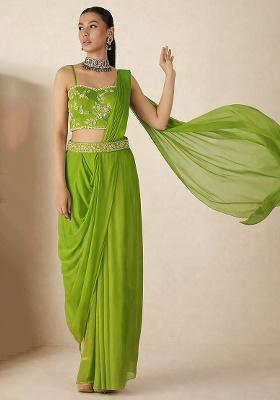 Lime Green Hand Work Embellished Georgette Pre Draped Saree Set