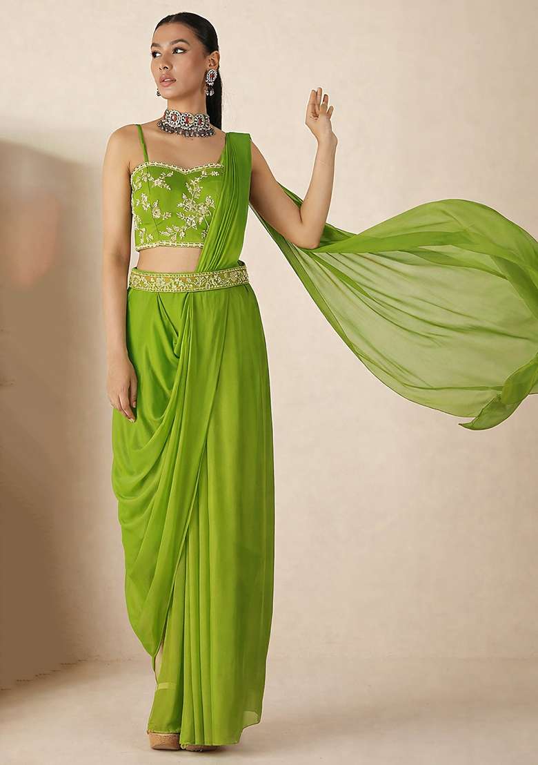 Lime Green Hand Work Embellished Georgette Pre Draped Saree Set - Indya