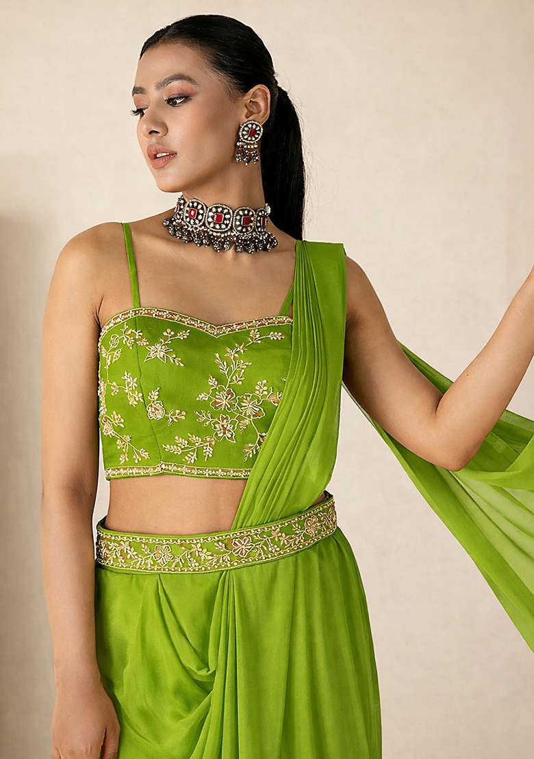 Lime Green Hand Work Embellished Georgette Pre Draped Saree Set - Indya