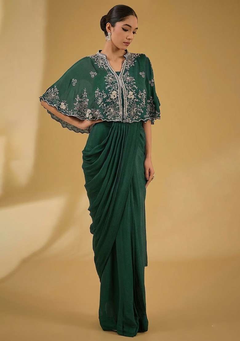 Light Green Hand Work Embellished Chinon Pre Draped Saree Set - Indya