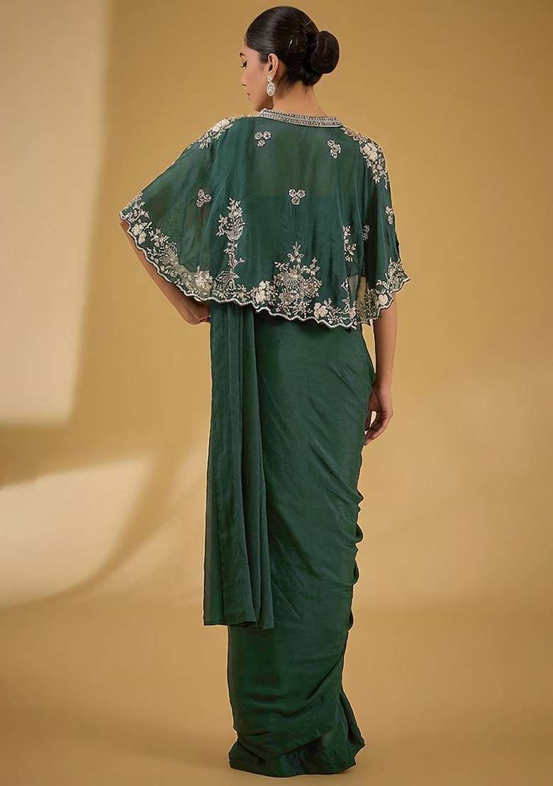Light Green Hand Work Embellished Chinon Pre Draped Saree Set - Indya