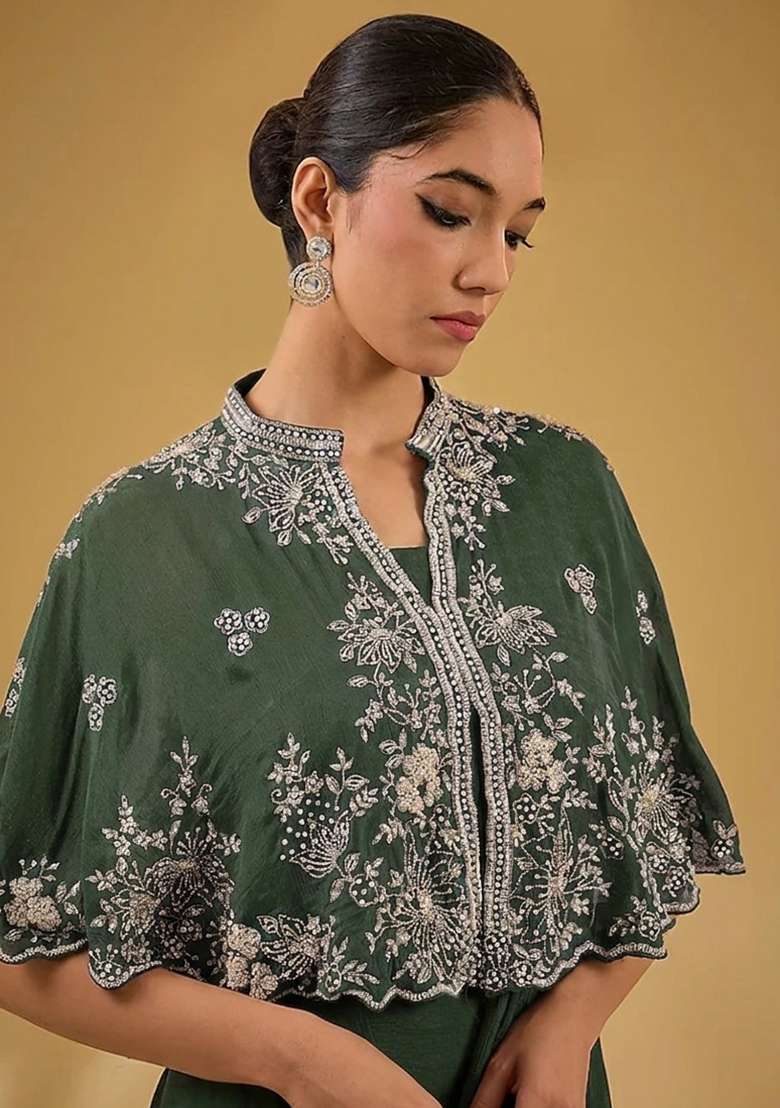 Light Green Hand Work Embellished Chinon Pre Draped Saree Set - Indya